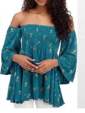 Free People Lana tunic off shoulder teal smocked  Mermaid combo peasant top